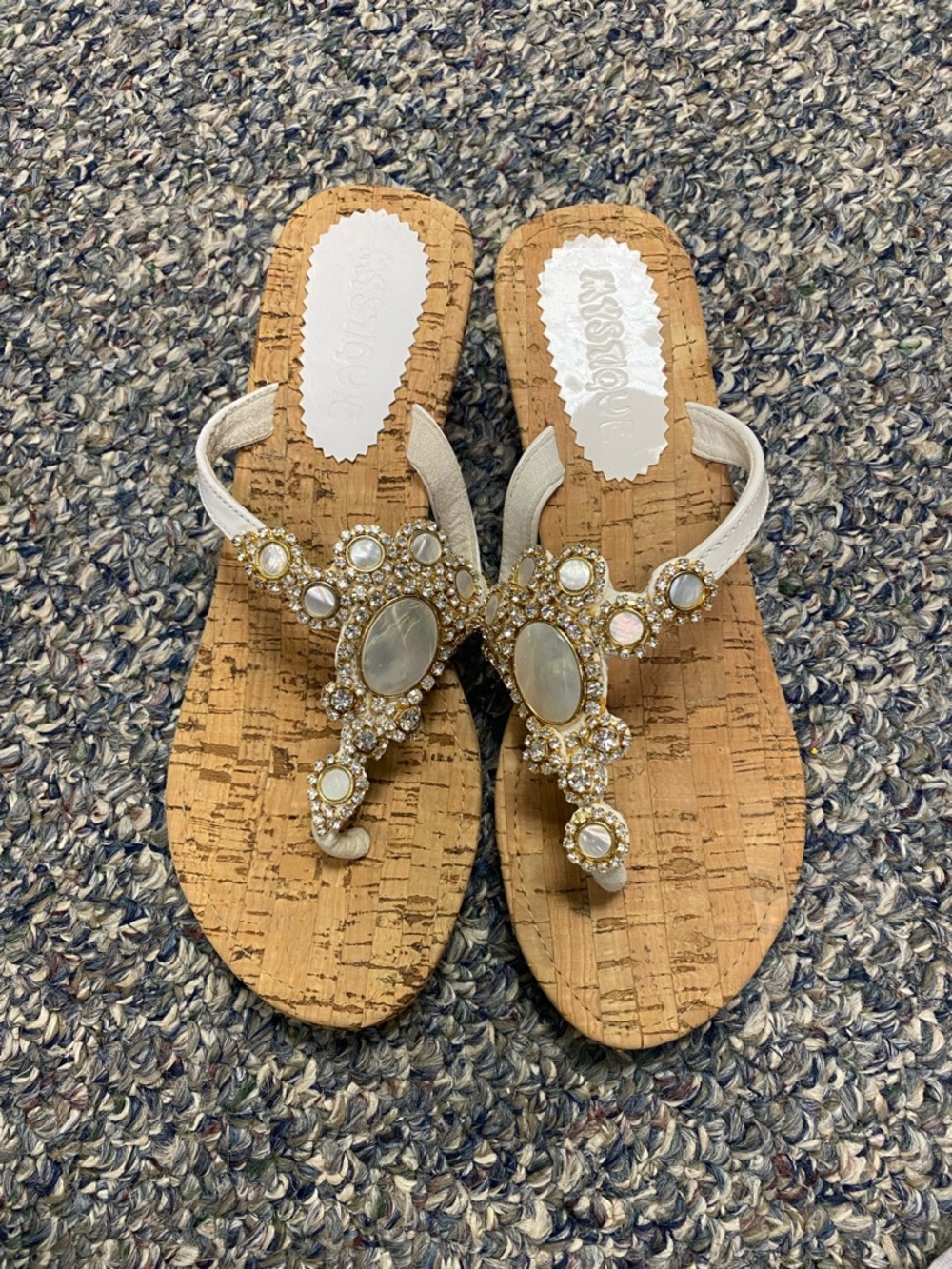 Mystique Boutique White Jeweled Cork Thong Sandals